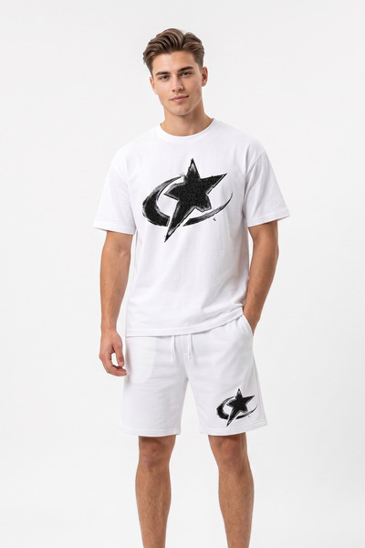 EFFRENATU Men's T-Shirt Shorts Set White Star Moon Print Artistic Oversized