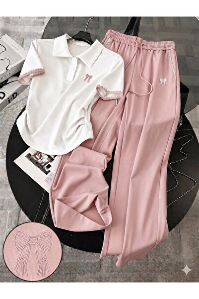 sajarsln Bowknot Embroidery Detailed Polo Collar Top and Bottom Set Scuba Fab...