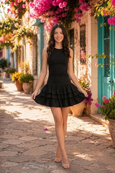 moddosa fashion Women's Skirt Layered Ruffle Flounce Zero Sleeve Mini Dress