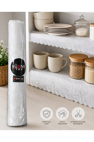 Nevora Nüans Tex Raf Örtüsü 50 cm x 5 m Beyaz Dantel Desenli Dolap İçi Çekmec...