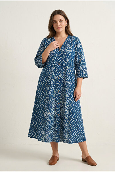 OEM Rochie tip camasa din bumbac imprimat manual Indigo