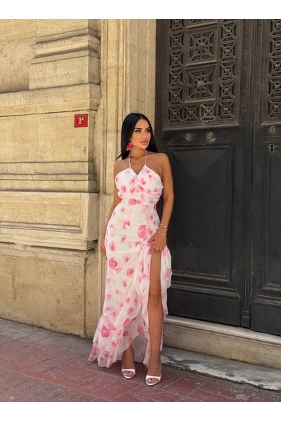NEW JOURNAL Kadın Pembe Asimetrik Fırfırlı Şifon Maxi Elbise YEL221721