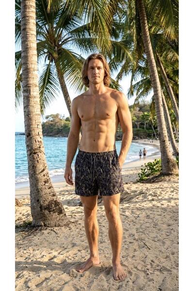 MY SEA Bs-240 Men's Black Gray Horse Pattern Large Size Pocket Swim Shorts Sw...