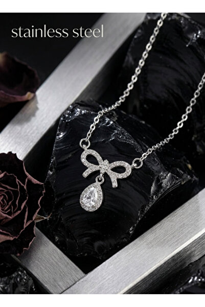 stainless steell 316L Steel Chain Silver Color Zircon Stone Bow Detail Drop N...