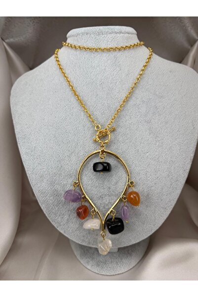 ZS Aksesuar Gold Color Dangle Natural Stone Necklace Women's Modern Design Ne...