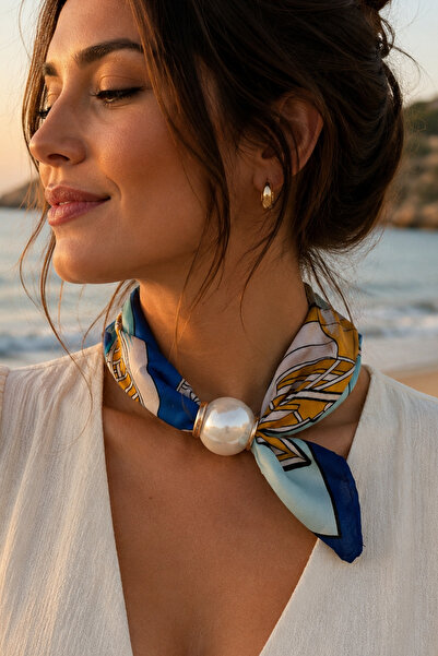 Modex Colorful Kayak Pattern Pearl Detail Scarf Necklace (45cm)