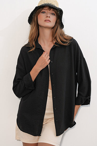Merterium Women's Oversize Linen Shirt 1538 - Black