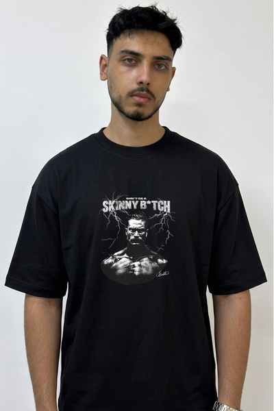 Anetos Bodybuilder Design Printed Oversize Black T-Shirt