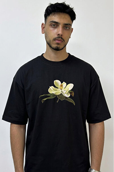 Anetos Magnolia Flower Design Printed Oversize Black T-Shirt