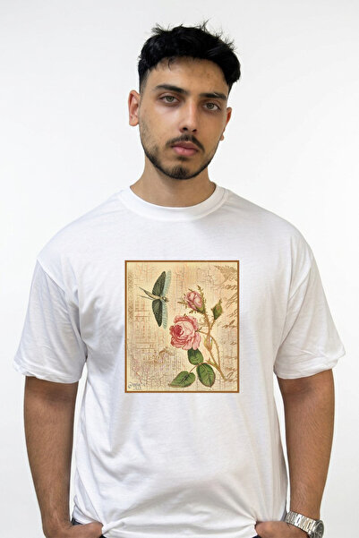 Anetos Dragonfly Rose Design Printed Oversize White T-Shirt