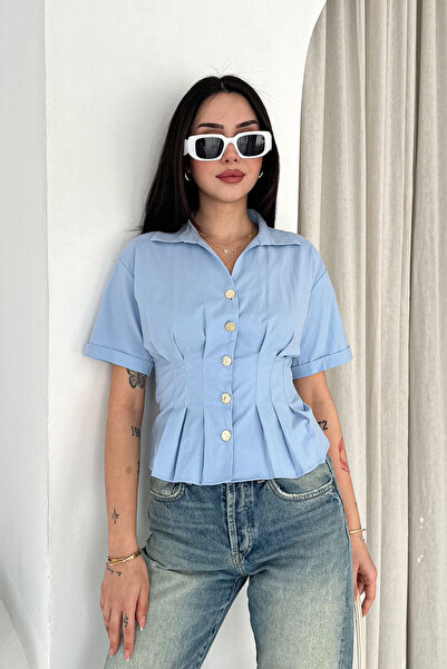 Noa&Noa Women's Gold Buttoned Waist Pleated Detailed Short Sleeve Shirt Blouse