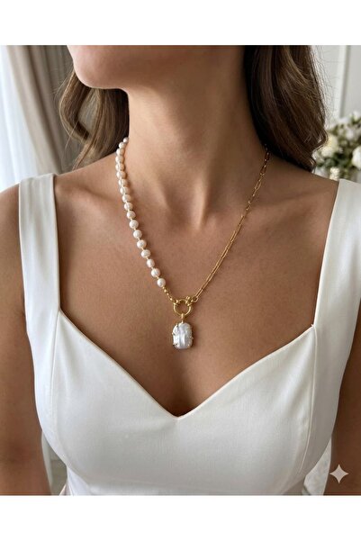 eyla collection Gerçek İnci & Zincir Uyumlu Kolye - Tasarım Barok Uçlu