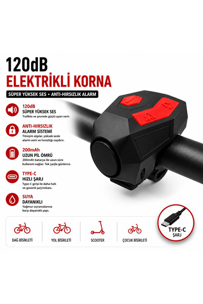 MDSTECH 120 dB USB Type-C Şarjlı Bisiklet Kornası Alarm Zili Anti Hırsızlık E...