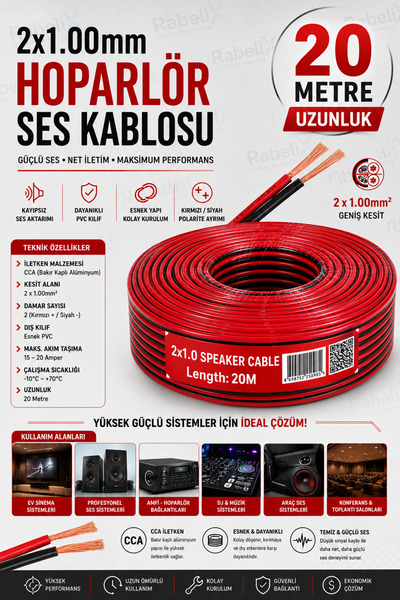 Rabelix Online Marketing 20 Metre 2x1.00mm CCA Hoparlör Ses Kablosu 20 Mt Siy...