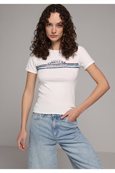 Colin's Slim Fit Round Neck Printed Women's Ecru Short Sleeve T-Shirt