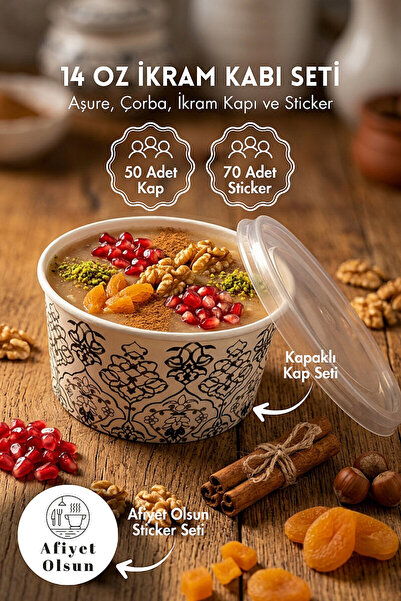 Bimotif 50li Aşure, Çorba, Pilav Kabı (410ml, Kapaklı) ve 70li Afiyet Olsun S...