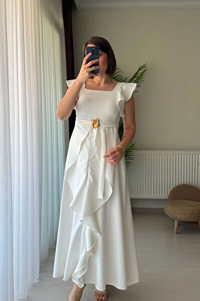Kubos Moda Ruffle Detail Belted Square Neck Ecru Long Dress