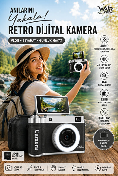 Wair Teknoloji 4K Çantalı Dijital Retro Video Kamera 48MP 16X Zoom Işıklı Len...
