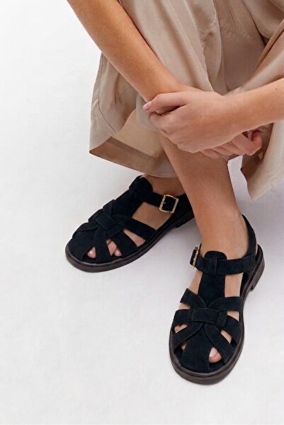 RMY SHOES Women's Black Suede Look Buckle Casual Sandals