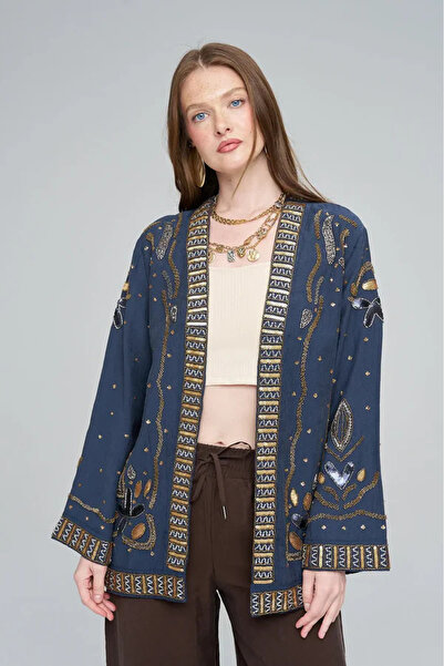 Orfeo Negro Navy Blue Kimono with Bead and Sequin Embroidery