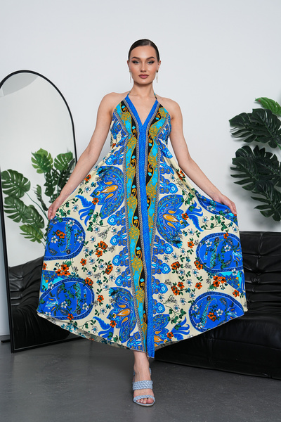 NAVY Long Oversized Dress with Halter Neck Detail and Backless Slit