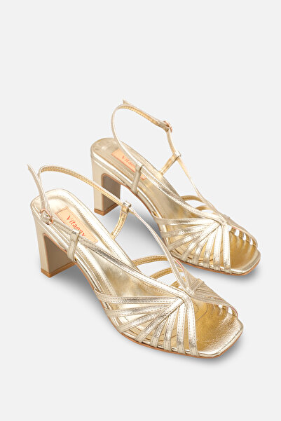 Ashley Women's Gold Gold Cage Detailed Thick Heel Sandals Evening Shoes