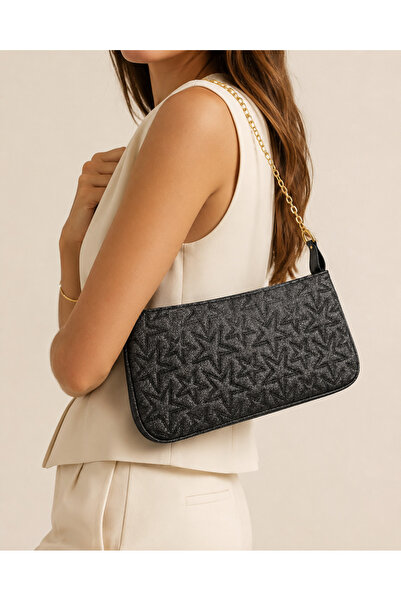 zetus Star Black Star Patterned Chain Strap Women's Shoulder Bag