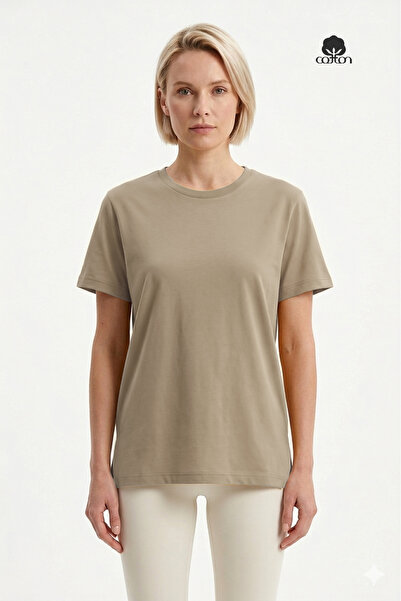 Cottonland Women's Marina Regular Cut O-Neck Short Sleeve Cotton T-Shirt Beige