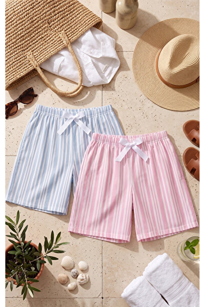Pijahane Kadın 2'li Pijama Şortu Paketi Mavi Pembe Çizgili Süet Kumaş Lastikl...