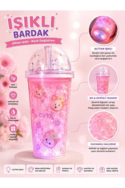 PeriMila Led Işıklı,Pipetli ,Simli Pullu Desenli Çocuklara Sevimli İçeçek Bar...