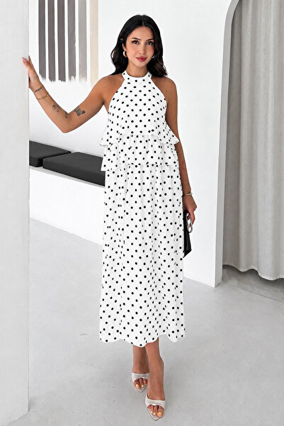 Noa&Noa Women's Polka Dot Layered Halter Neck Midi Summer Dress with Ruffle D...