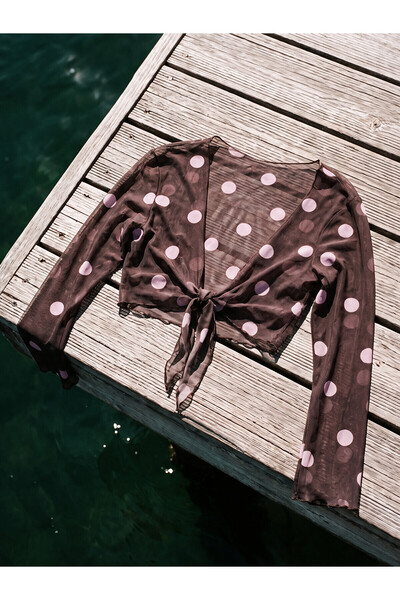 LC Waikiki Ozmarka New Season V-Neck Polka Dot Front Tie Women's Beach Blouse