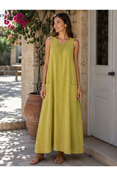 cesita Rochie lungă de damă, verde ulei, din muselină 100% bumbac, cu buzunare