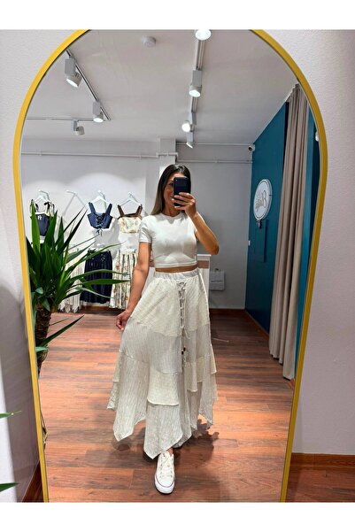 MODA Ekru Bohem Kat Kat Asimetrik Etek