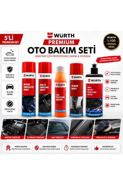 Würth Premium Oto Bakım Seti 5'li - Motor Temizleyici, Araç İçi Temizleyici, ...