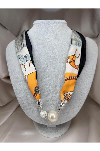 ZS Aksesuar Women's Beige Mustard Patterned Magnetic Scarf Necklace with Larg...