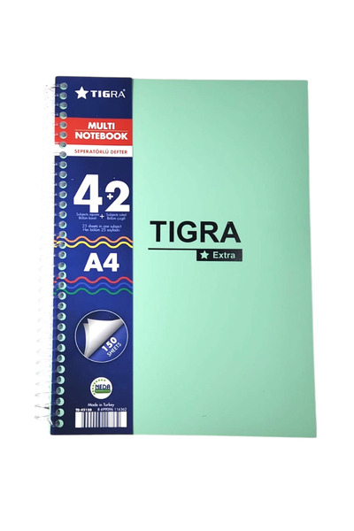 Tigra 4+2 Sections 150 Pages Green Color Notebook 4 Squares 2 Lines Plastic C...
