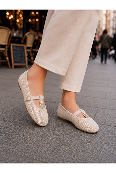 DERİ KABUSU Women's Ballet Flats with Beaded Belt in the Middle