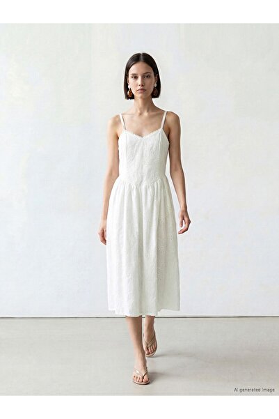 LC Waikiki Lcw Modest White V-Neck Rope Strap Embroidered Dress