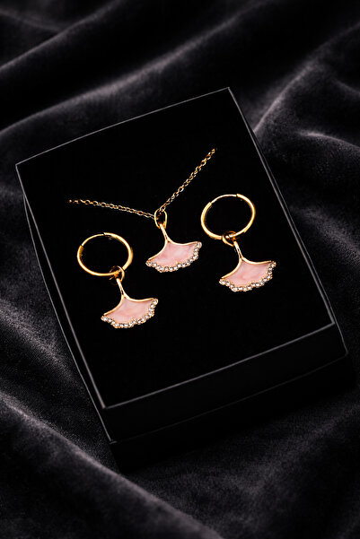 THE Steel Pink Enamel Fan Leaf Figured Necklace and Hoop Earring Set Gold