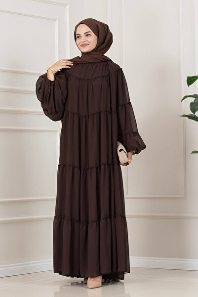 Sevitli Magnolia Chiffon Dress with Peacock Motif - Brown