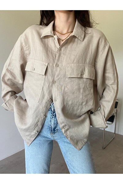 Bade Butik Beige Double Pocket Raw Linen Shirt
