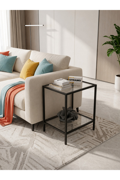 UYGAMO Svet Modern Loft Tarz 2 Katlı Şeffaf Cam Sehpa – Siyah Metal Gövdeli Y...