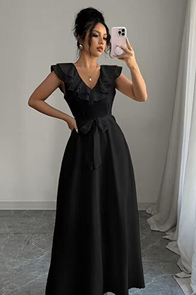 missamour Women's V-Neck Collar Ruffled Waist Belted Black Maxi Dress