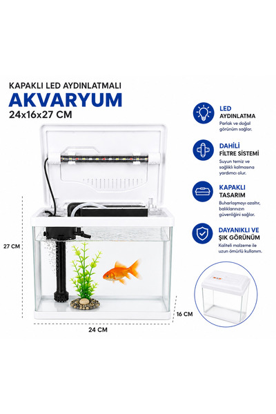 makro İTHAL AKVARYUM / FULL SET / FİLTRE + LED IŞIK / 24X16X27 CM BEYAZ