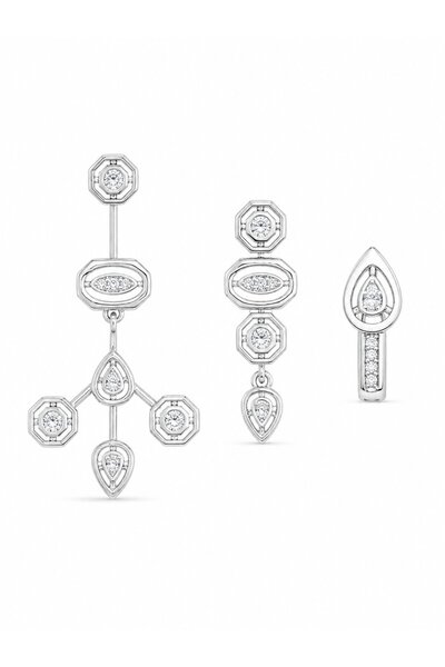 serelya Brass Silver Color Zircon Stone Geometric Model 3-Piece Women's Combi...