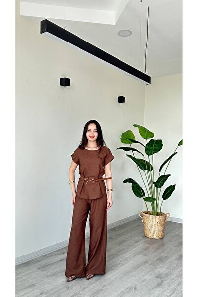 Famecoy Kadın kemer detaylı bluz ve bol paça pantolon takımı tkm00460