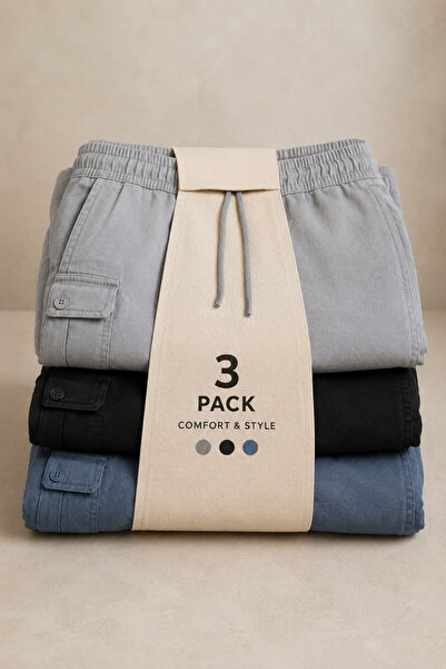 DAMGA JEANS Men's 3-Piece Loose Linen Trousers with Cargo Pockets