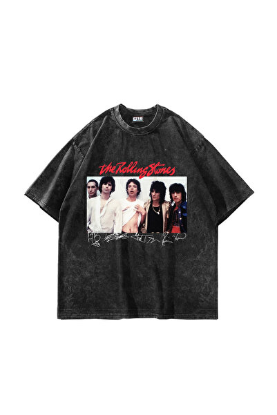 Sekizbiraltı 816 the Rolling Stones Oversize Washed Black T-Shirt