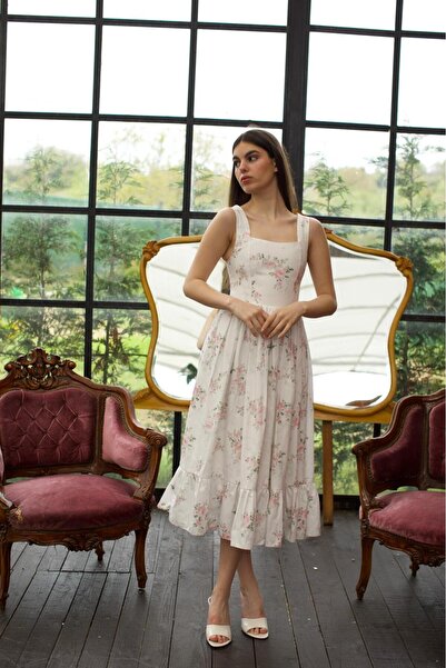 BESİNG Floral Patterned Strappy Monica Fabric Lined Women's Midi Dress Size 34